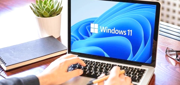Photo of Windows opening screen on a laptop.